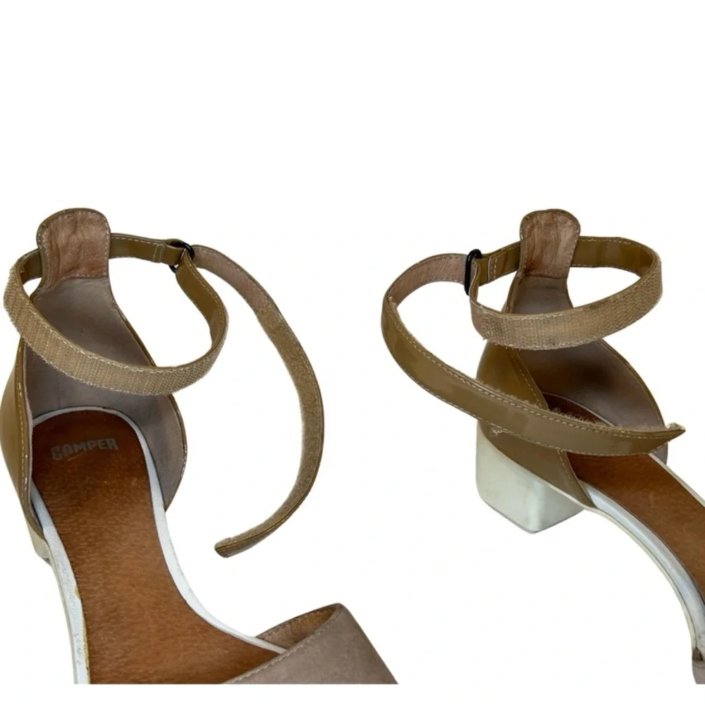Camper Heel Tan Velcro Ankle Strap suede and patent low heel sandals size 39 8.5 - Picture 9 of 12